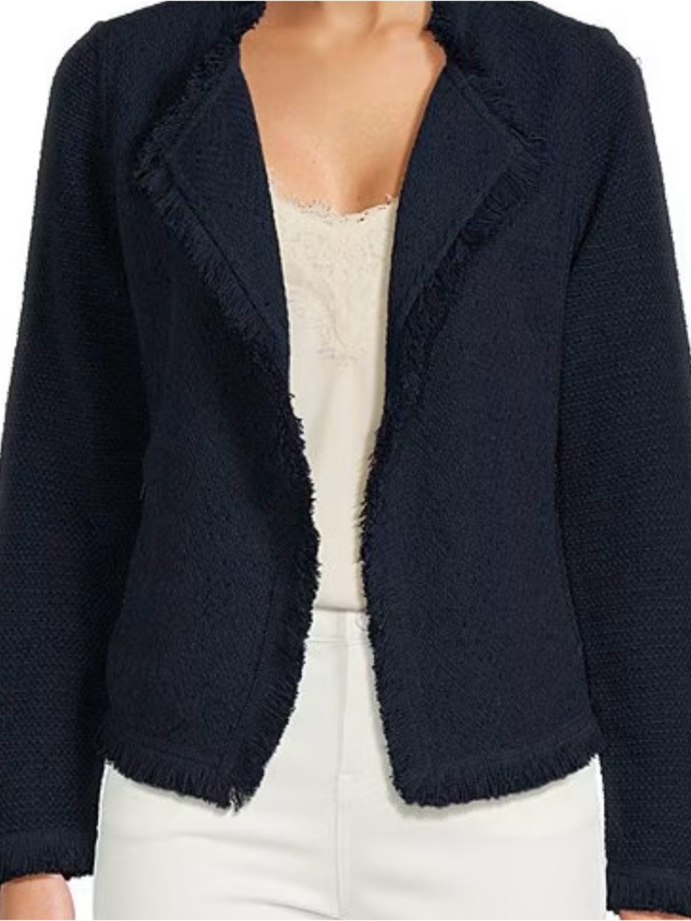 NIC+ZOE Black Fringed trim lapel Open-Front Cardigan long sleeve snap cuff